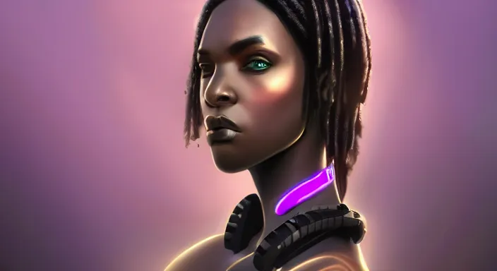 Image similar to portrait of beautiful cyberpunk black woman, rio de janeiro!! pao de acucar!! corcovado ipanema!! foggy on the background, soft purple lighting digital art trending on artstation concept art