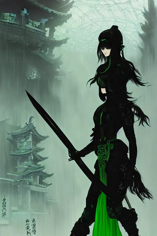 Image similar to portrait a Ninja gaiden girl, armored black and green ninja wardrobe, in ruin japanese rainny temple night, ssci-fi and fantasy, intricate and very very beautiful and elegant, highly detailed, digital painting, artstation, concept art, smooth and sharp focus, illustration, art by tian zi and WLOP and alphonse mucha