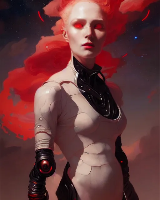 Image similar to masterpiece concept art, a beautiful highly detailed sci - fi renaissance lady, confident pose, by peter mohrbacher and jae lee, 8 k, intricate detail, cinematic lighting, red white and black colors