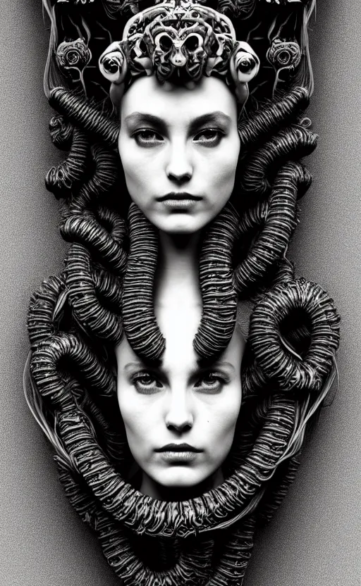 Image similar to dark background, a black and white high quality dreamy photo of a young beautiful female queen-vegetal-dragon-cyborg bust with a very long neck and delicate Mandelbrot fractal face, anatomical, facial muscles, veins, arteries, elegant, highly detailed, flesh highly baroque ornate, hair are curled wired cables, elegant, poetic, dreamy, mysterious, high fashion, rim light, in the style of Ellen von Unwerth, Realistic, Refined, Digital Art, Highly Detailed, Cinematic Lighting, rim light, black and white, photo-realistic, 8K