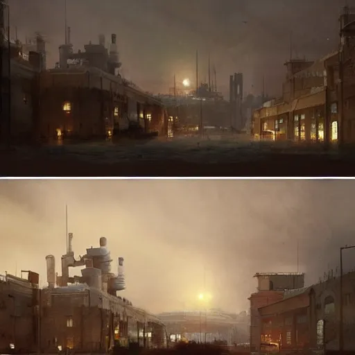 Prompt: beautiful matte painting of a town in a dim chemical factory, matte painting by greg rutkowski, trending on artstation, lighting study