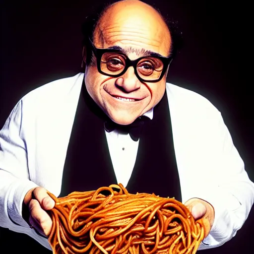 Prompt: a photograph of danny devito after a truly disastrous spaghetti incident