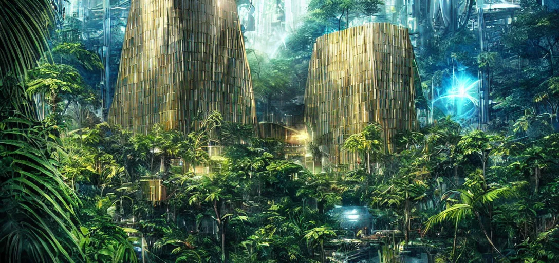 Image similar to futuristic shinny golden building in an jungle landscape of a biopunk city by artgerm, movie poster, film still