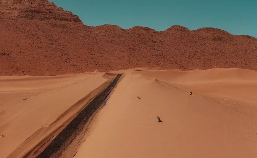 Image similar to high quality movie still of an infinite tunnel in the desert with giant deep wall, Cinestill 800t, heavy grainy picture, very detailed, high quality, 4k panoramic