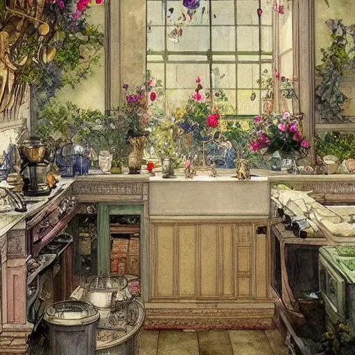 Prompt: a beautifull intricate watercolour painting of a victorian kitchen with many flowers, reflexions, verry high details by william turner art, greg rutkowski and alphonse mucha, trending on artstation, very very detailed, masterpiece,