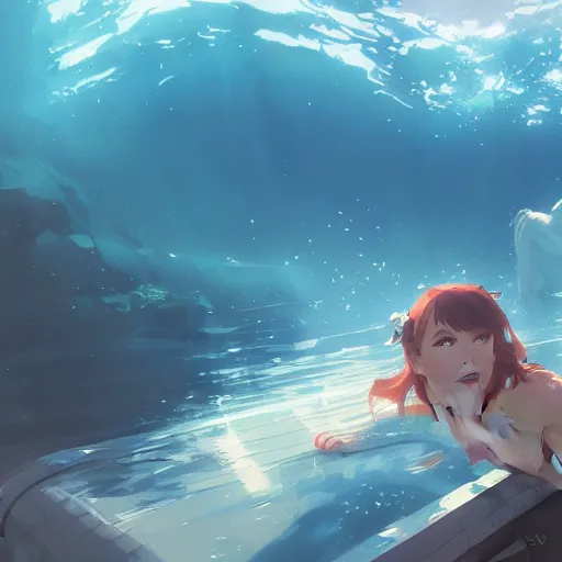 Image similar to underwater, submerged. cgsociety masterpiece, artstation trending, by rossdraws, ghibli, kimi no na wa, greg rutkowski, simon stalberg, greg manchess