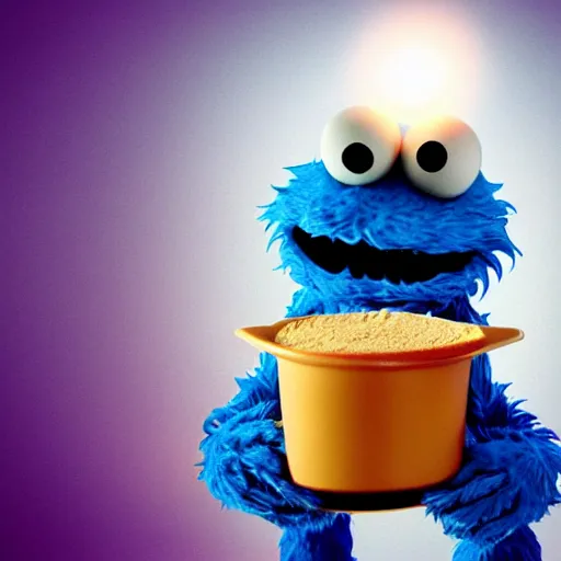 Image similar to cookie monster holding a light samer, anime style.