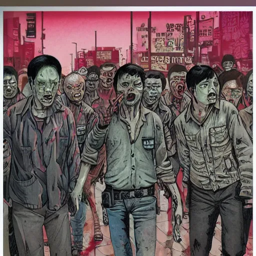 Image similar to glossy old advertising poster, the walking dead, man walking through crowded hong kong street, zombies, horror, drawn comic by junji ito, pastels, gradient