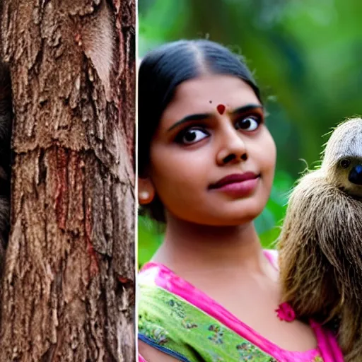 Image similar to a beautiful young indian cottagecore witch holds a cute sloth, traditional disney, still from movie, award winning