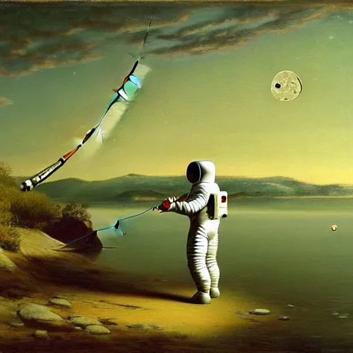 Image similar to astronaut in a spacesuit fishing and catching fish with a fishing rod from the crescent of the moon, realism, landscape