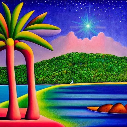 Prompt: a ultradetailed beautiful painting of amazonas beach by tarsila do amaral, major arcana sparkles sky, dougherty patrick, trending on artstation, mediterranean, palm trees, light refracted lines and sparkles, major arcana sky, sharp focus, soft light