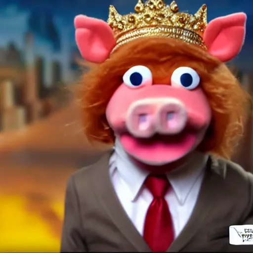 Image similar to news anchor pig wearing a gold crown depicted as a muppet 8k