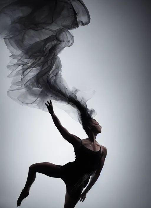 Image similar to a Photorealistic dramatic hyperrealistic render of a beautiful Female smoke dancer by Ken Brower and Deborah Ory of NYC Dance project,Lois Greenfield,Flowing cloth and smoke,Beautiful dynamic dramatic dark moody lighting,volumetric,shadows,cinematic atmosphere,Octane render,8K