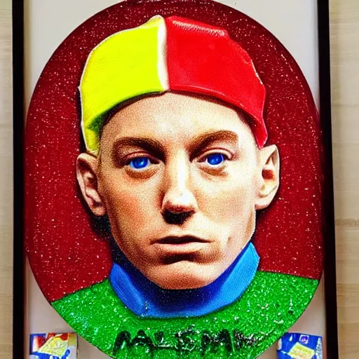 Image similar to portrait of eminem made out of m & m candy