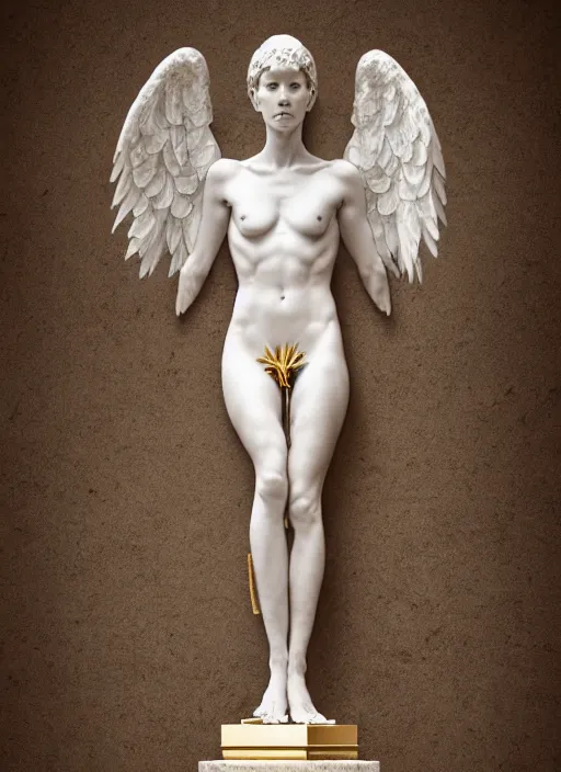 Image similar to a statue made of white marble with gold veins, of an beautiful gorgeous angel girl, full body shot, perfect symmetrical body, perfect symmetrical face, no eyes, hyper realistic, hyper detailed, fujicolor superia 1 6 0 0 photo, by johannen voss, by peter kemp, by monia merlo, by michelangelo octane render, blender, 8 k