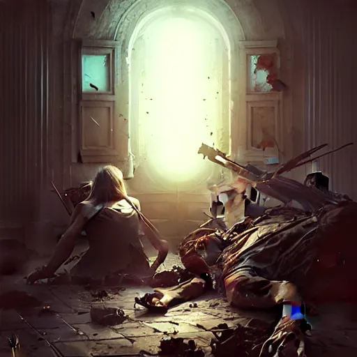 Image similar to only the dead have seen the end of war, artwork by artgerm, danger lurking in the night, fear of death, rendered in pov - ray, style of greg rutkowski and jackson pollock