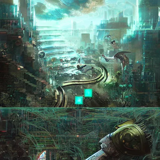 Image similar to Legend of Zelda in biopunk settings, digital art, concept art, wierd