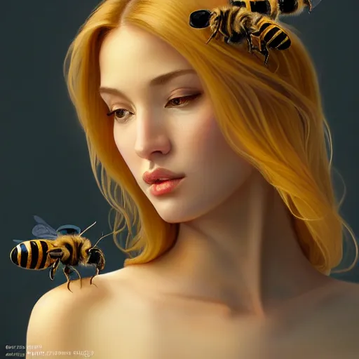 Image similar to perfectly-centered-Portrait of a gorgeous Honey Goddess with bees, The Perfect Human Female Specimen, intricate, elegant, super highly detailed, professional digital painting, artstation, concept art, smooth, sharp focus, no blur, no dof, extreme illustration, Unreal Engine 5, 8K, art by artgerm and greg rutkowski and alphonse mucha and loish and WLOP