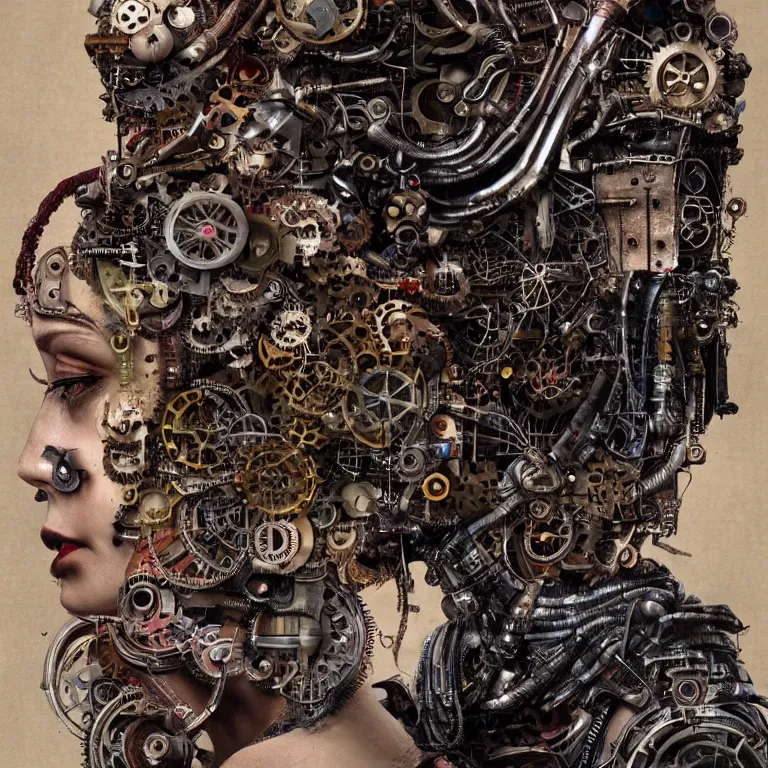 Prompt: profile portrait of a woman, computer parts, mechanical parts, by giuseppe arcimboldo, steampunk, cyberpunk, futuristic, psychedelic, surreal, sci - fi, vaporwave, alien, dreamlike.