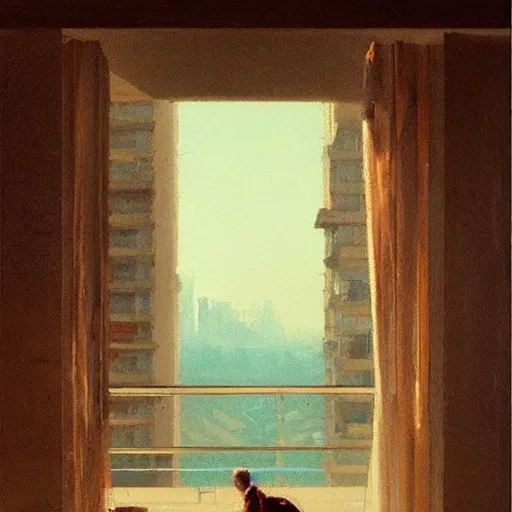 Image similar to the trappings of modern life, a view from the penthouse, oil painting by greg rutkowski