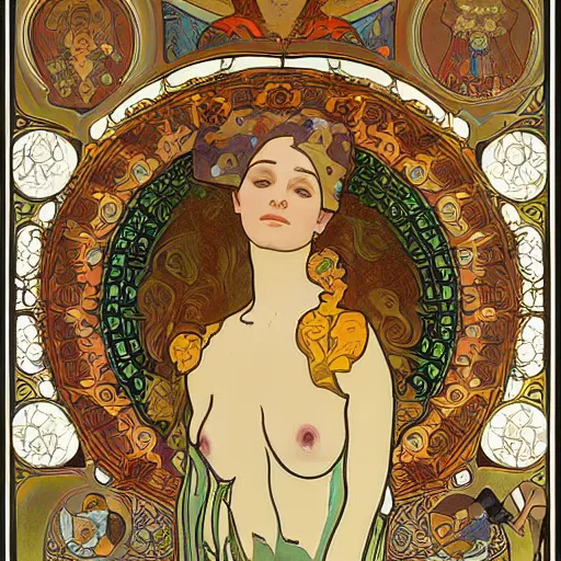 Image similar to a combination of the art styles of Alphonse Mucha and Gustav Klimt