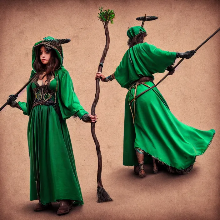 Image similar to photograph of a real-life beautiful earth witch with ornate green robes and staff. Extremely detailed. 8k