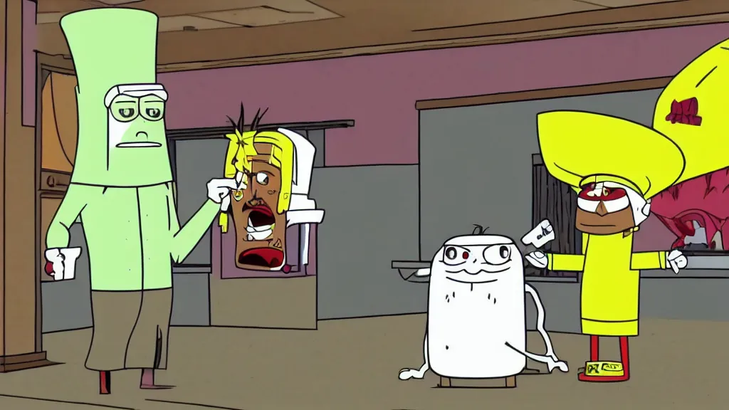Image similar to Tabaluga talking to Master Shake in a still from an episode of Aqua Teen Hunger Force (2004), high quality screenshot