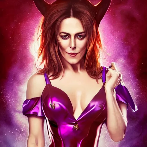 Image similar to illustrated hyper realistic portrait of Elizabeth Hurley as devil with purple-hair, red-dress, epic action pose by rossdraws, award winning epic HD photography