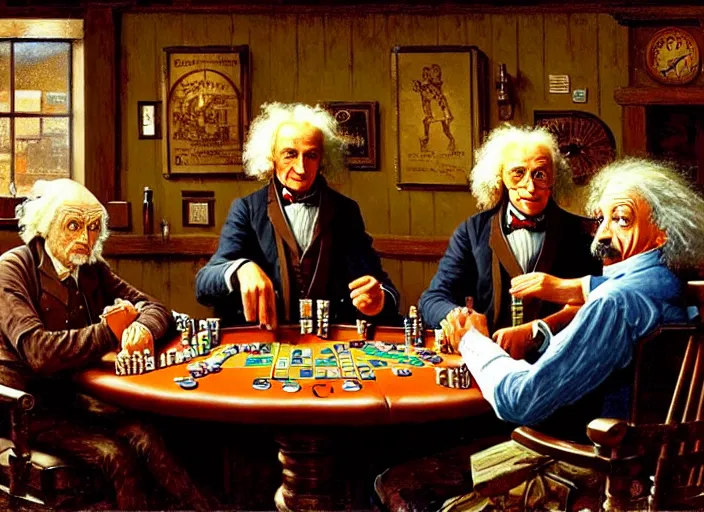 Image similar to isaac newton and stephen hawkins and albert einstein playing poker in an old west saloon, intricate, highly detailed, centered, digital painting, artstation, concept art, smooth, sharp focus, illustration, art by james gurney and norman rockwell and greg rutkowski