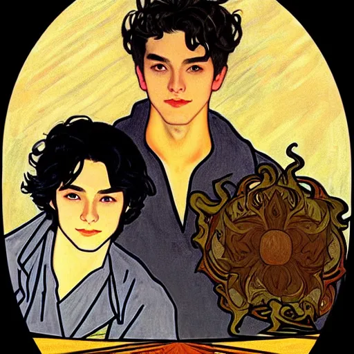 Image similar to painting of young cute handsome beautiful dark medium wavy hair man in his 2 0 s named shadow taehyung and cute handsome beautiful min - jun together at the halloween party, bubbling cauldron, candles, smoke, tarot, autumn colors, elegant, stylized, soft facial features, delicate facial features, art by alphonse mucha, vincent van gogh, egon schiele