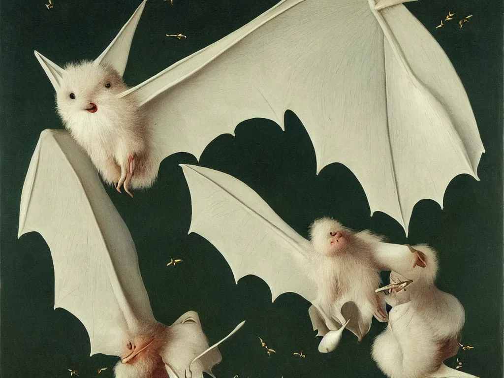 Prompt: beautiful exotic white fluffy bat, long antennae, giant ears. Night, fireflies. Painting by Jan van Eyck, Audubon, Rene Magritte, Agnes Pelton, Max Ernst, Walton Ford