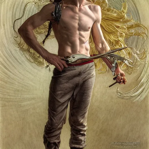 Image similar to skinny male, slightly muscular, white hair, long hair, highly detailed, sharp focus, digital paining, character concept art, art by joseph leyendecker, donato giancola, dean cornwell, ruan jia, ayami kojima, alphonse mucha, cedric peyravernay, tom bagshaw