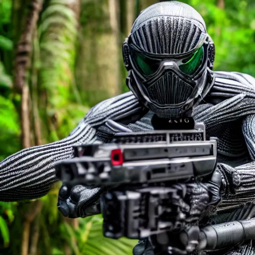 Image similar to close up Crysis Nanosuit shooting at enemies in a jungle combat photography 2022, Canon EOS R3, f/1.4, ISO 200, 1/160s, 8K, RAW, unedited, in-frame,