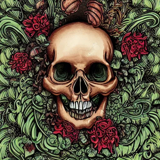 Image similar to detailed rotten skull corpse with fractal plants and fractal flowers and mushrooms growing around, symmetrical, ornate, ornamentation, illustration, in the style of onz _ blk