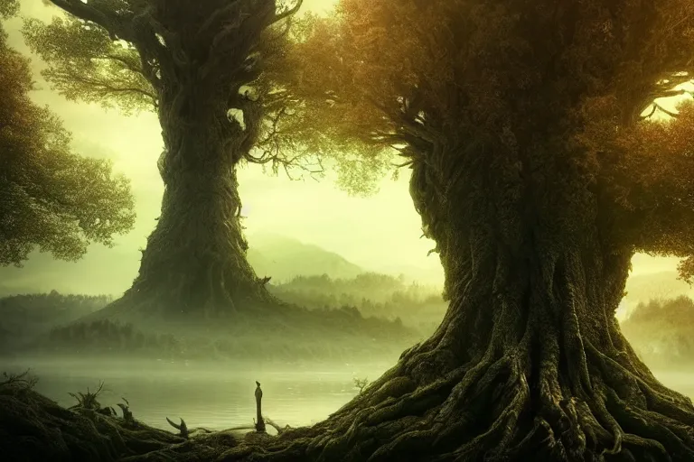 Image similar to an ultra realistic, cinematic headshot portrait, of an evil tree wizard, background of a vast serene landscape, with trees and rivers, detailed, deep focus, movie still, dramatic lighting, ray tracing, by michal karcz and yoshitaka amano