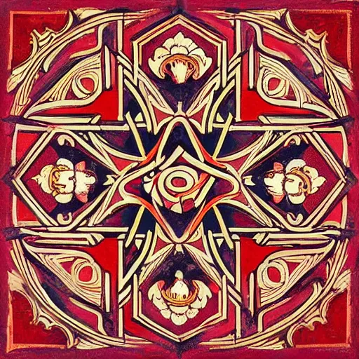 Image similar to symmetrical mural painting from the early 1 9 0 0 s in the style of art nouveau, red curtains, art nouveau design elements, art nouveau ornament, scrolls, flowers, flower petals, rose, opera house architectural elements, mucha, masonic symbols, masonic lodge, joseph maria olbrich, simple, iconic, masonic art, masterpiece