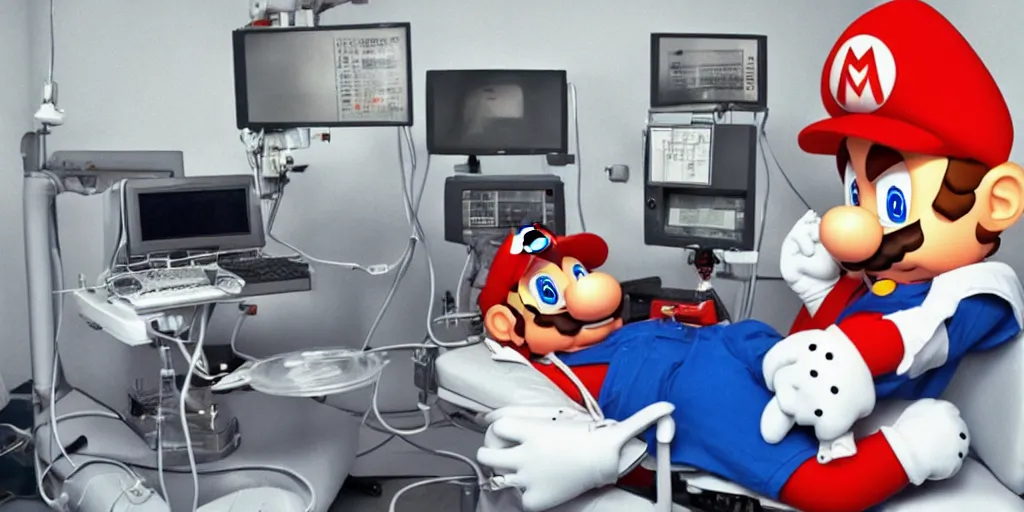 Image similar to anthropomorphic mario as an anesthesiologist, sitting in chair, ventilator machine, photo