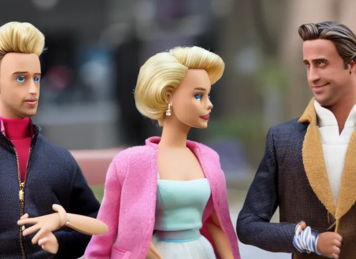 Image similar to a movie still of margot robbie as barbie. ryan gosling as ken doll. on the set of the new live action barbie movie.