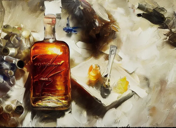 Prompt: palette knife, impasto oil painting of whiskey bottle by cordelia wilson, thick paint brush strokes, art by anders zorn, wonderful masterpiece by greg rutkowski, beautiful cinematic light, american romanticism by greg manchess, creation by tyler edlin