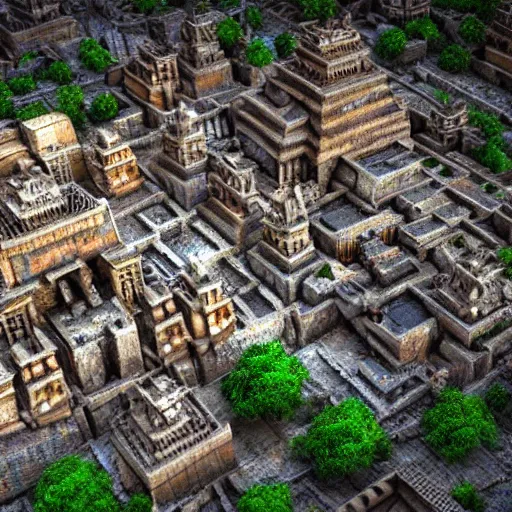 Prompt: dense aztec city, highly detailed, tilt shift, volumetric lighting concept art, octane render