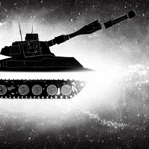 Image similar to a battle tank heavy armor blasting with yin - yang black and white symbol daoist paint, in a cosmic field