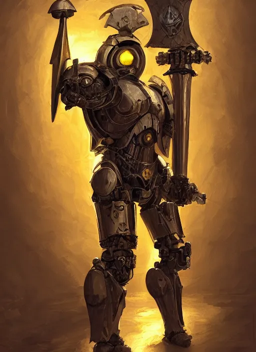 Image similar to dynamic portrait of a intricate glorious holy mechanical warforged pit droid character in yellow armor holding a paladin engraved great longsword and carrying a big shield, epic , trending on ArtStation, cinematic lighting, by Jesper Ejsing