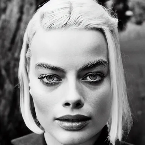 Image similar to photo of margot robbie, full platinum blond, bleached eyebrows, pale skin, freckle, by vivian maier, realistic, high detail, high quality, trending on pinteresst