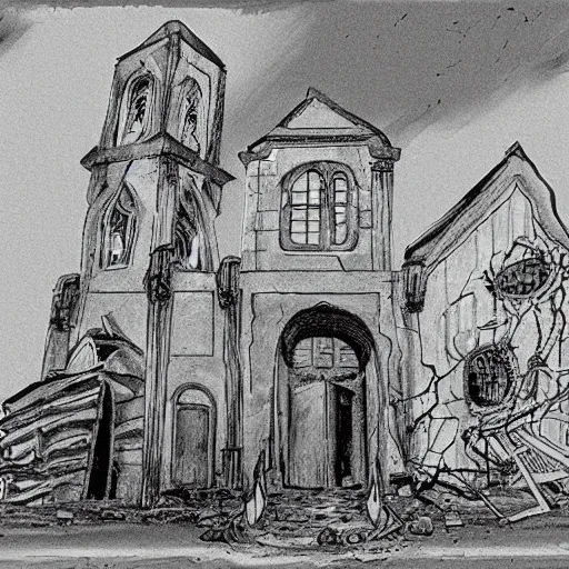 Prompt: ghost of a young girl, a burnt out church, cel shaded, studio ghibli