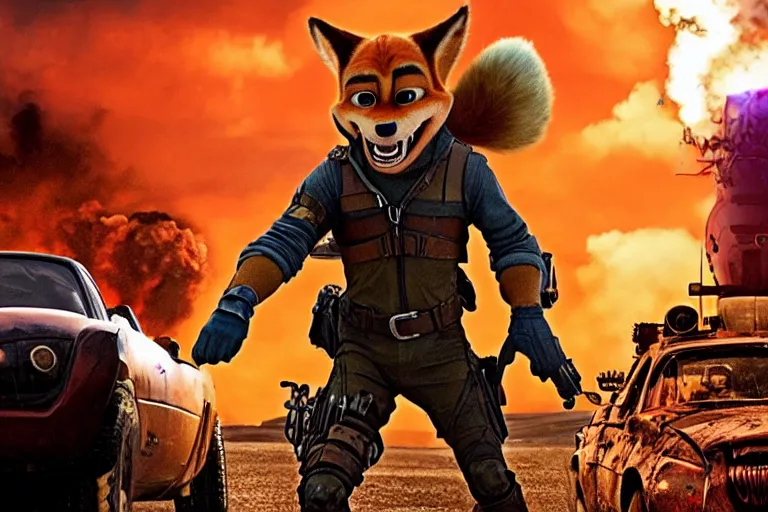 Image similar to nick wilde, heavily armed and armored facing down armageddon in a dark and gritty reboot from the makers of mad max : fury road