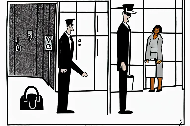 Prompt: tall, security guard checks the bags of a worried looking woman, art in the style of the new yorker, ed koren