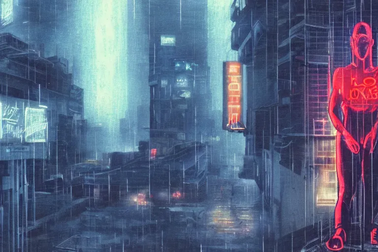 Image similar to roy batty with a bare torso sits in the lotus position with his head bowed in the rain on the roof of a building in the cyberpunk future, around neon signs, a little haze, night, realistic proportions, anime style ghost in armor