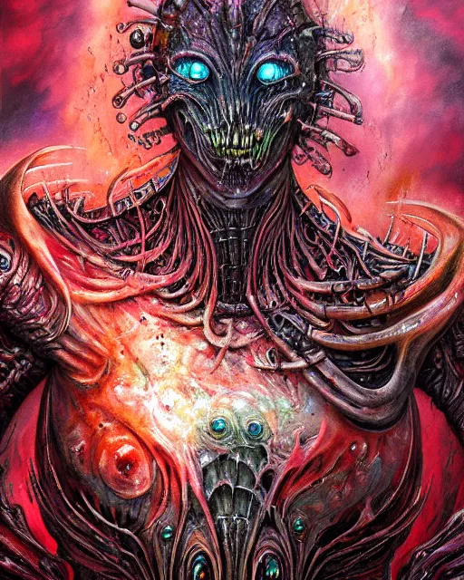 Image similar to charred bloody fleshmetal cyborg daemonhost psychedelic flamer of tzeentch, by antonio j. manzanedo, giger, alex grey, android jones, wayne barlowe, philippe druillet, raymond swanland, cyril rolando, josephine wall, harumi hironaka, cronenburg, trending on artstation