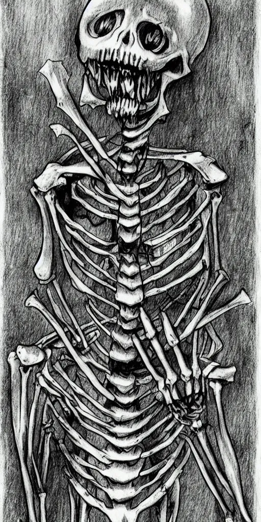 Prompt: A skeleton, horror, creepy, dark, manga, pencil, inspired by junji ito, superior quality, masterpiece, green