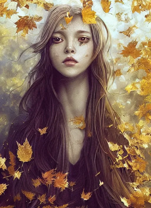 Prompt: golden leaves at frame border, creative!!! composition for a book cover, moon, beautiful portrait painting, a female witch absurdly beautiful, ultrafine hyperrealistic detailed face by wlop and artgerm and greg rutkowski, intricate linework, sharp focus, smooth, octopath traveler, final fantasy, unreal engine, dramatic lighting, ethereal, 8 k